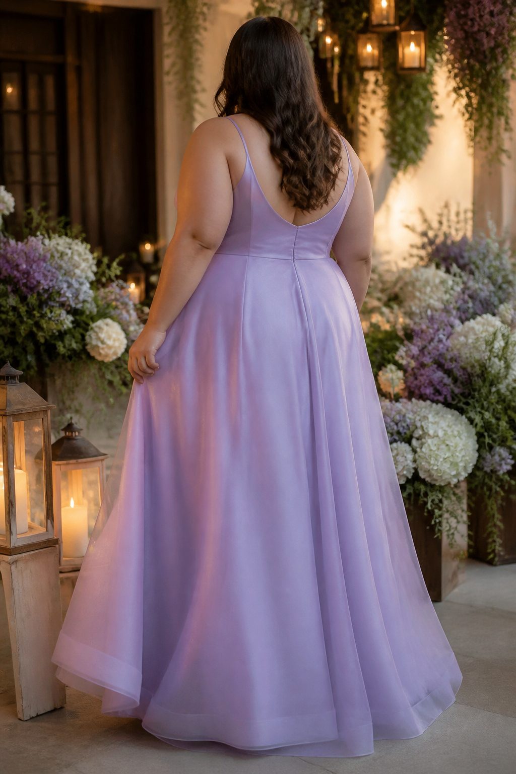A sleeveless plus-size prom dress in soft lavender.