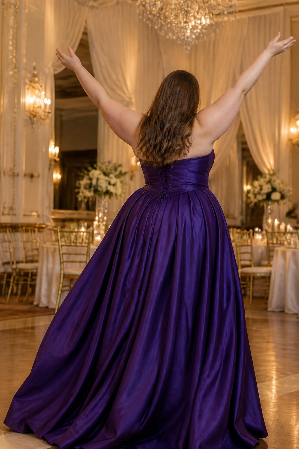 A strapless plus-size prom dress with structured boning.