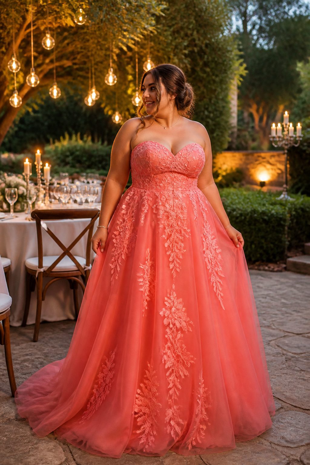 A plus-size prom dress with a sweetheart neckline.