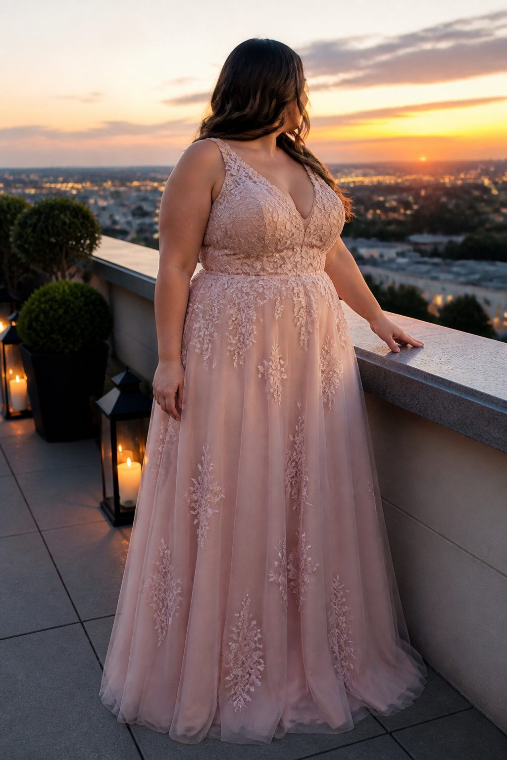 A V-neck plus-size prom dress in soft blush.