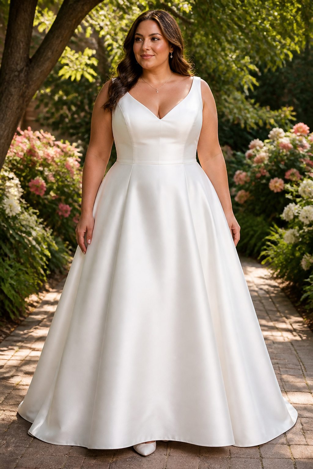 Plus Size Wedding Dress Styles: A-Line to Mermaid 1 A plus-size A-line wedding dress with a fitted top and flared skirt.