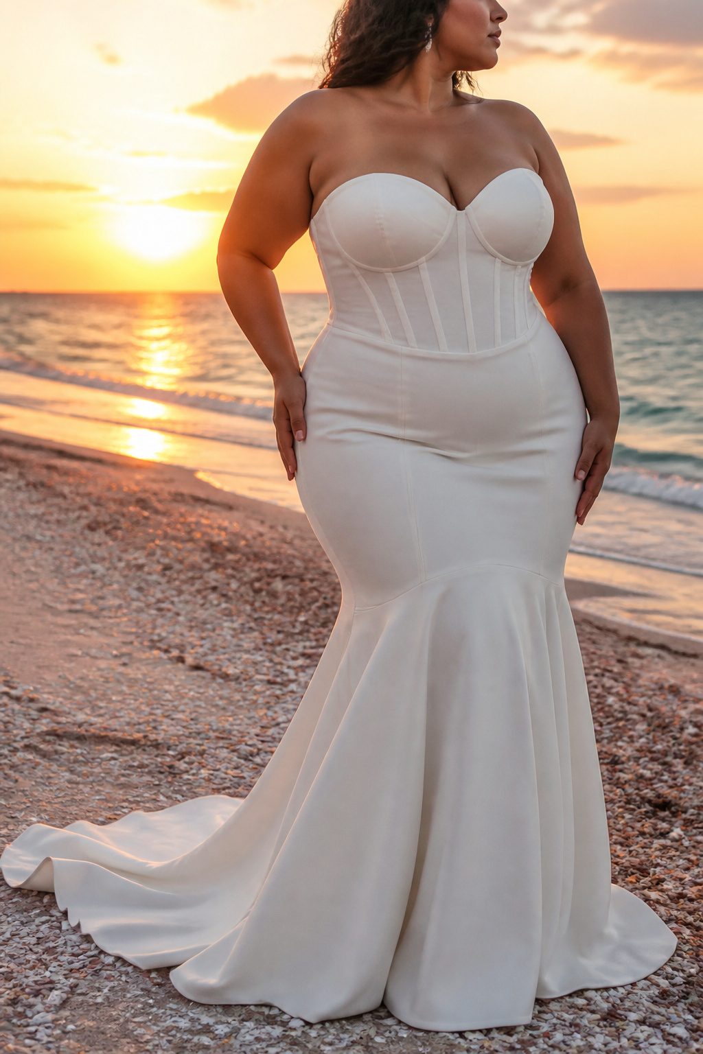 Plus Size Wedding Dress Styles: A-Line to Mermaid 7 A plus-size mermaid wedding dress with a dramatic flare.
