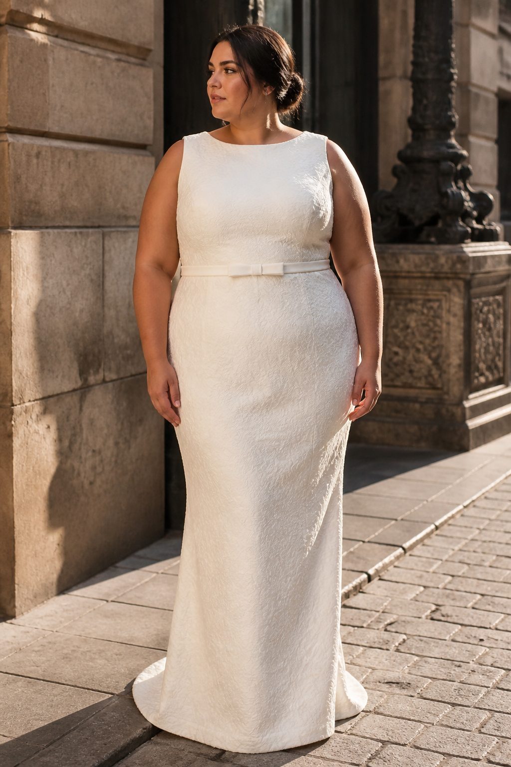 Plus Size Wedding Dress Styles: A-Line to Mermaid 4 A plus-size sheath wedding dress with a straight cut from shoulder to hem.