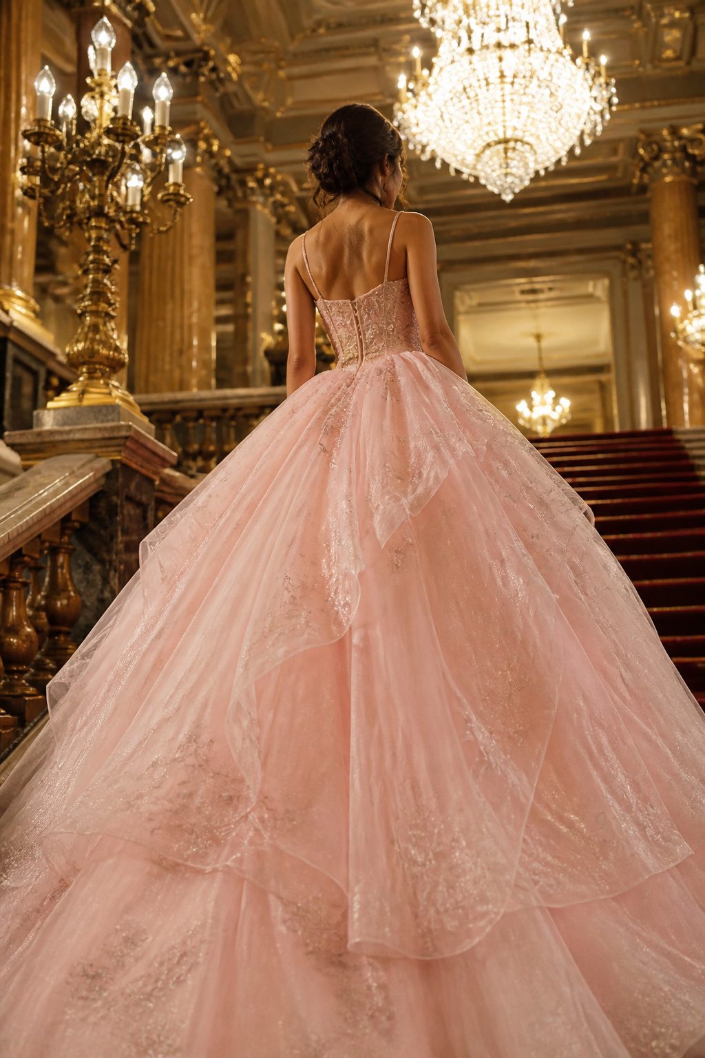 A ball gown prom dress with a structured bodice and full skirt.