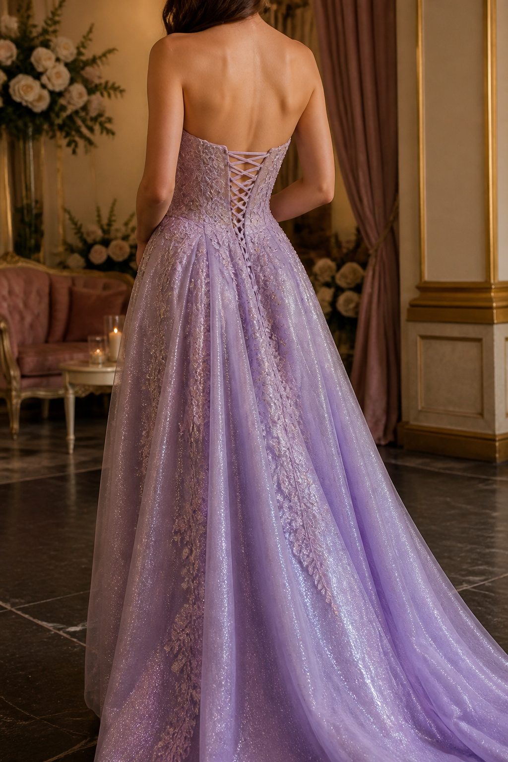 A prom dress with a corset back and flowing skirt.