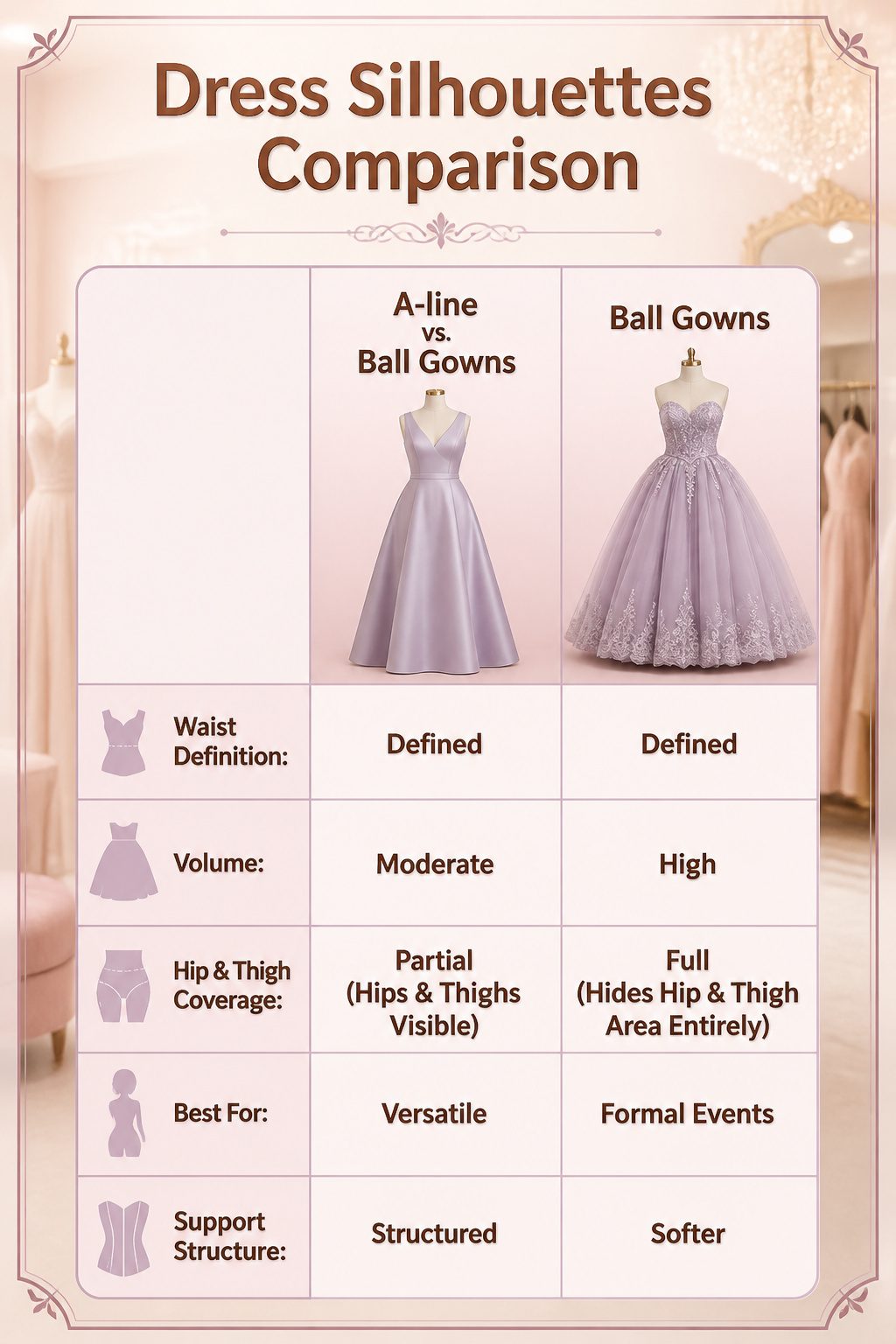 An infographic comparing different dress silhouettes.