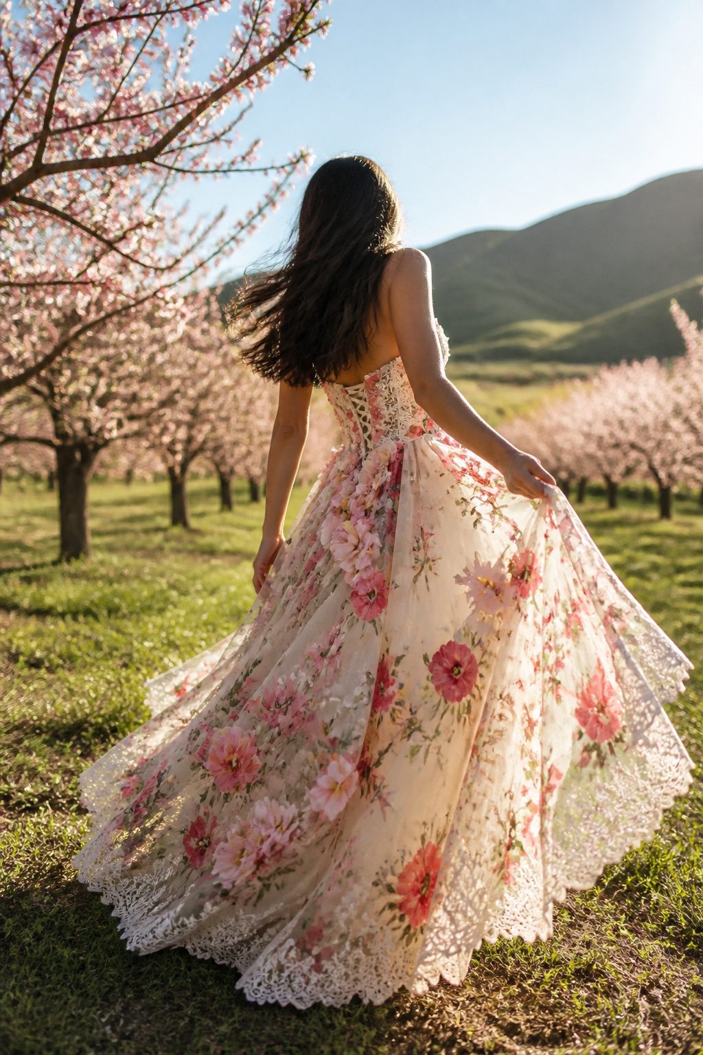 A floral prom dress with oversized appliqués in a blooming orchard.