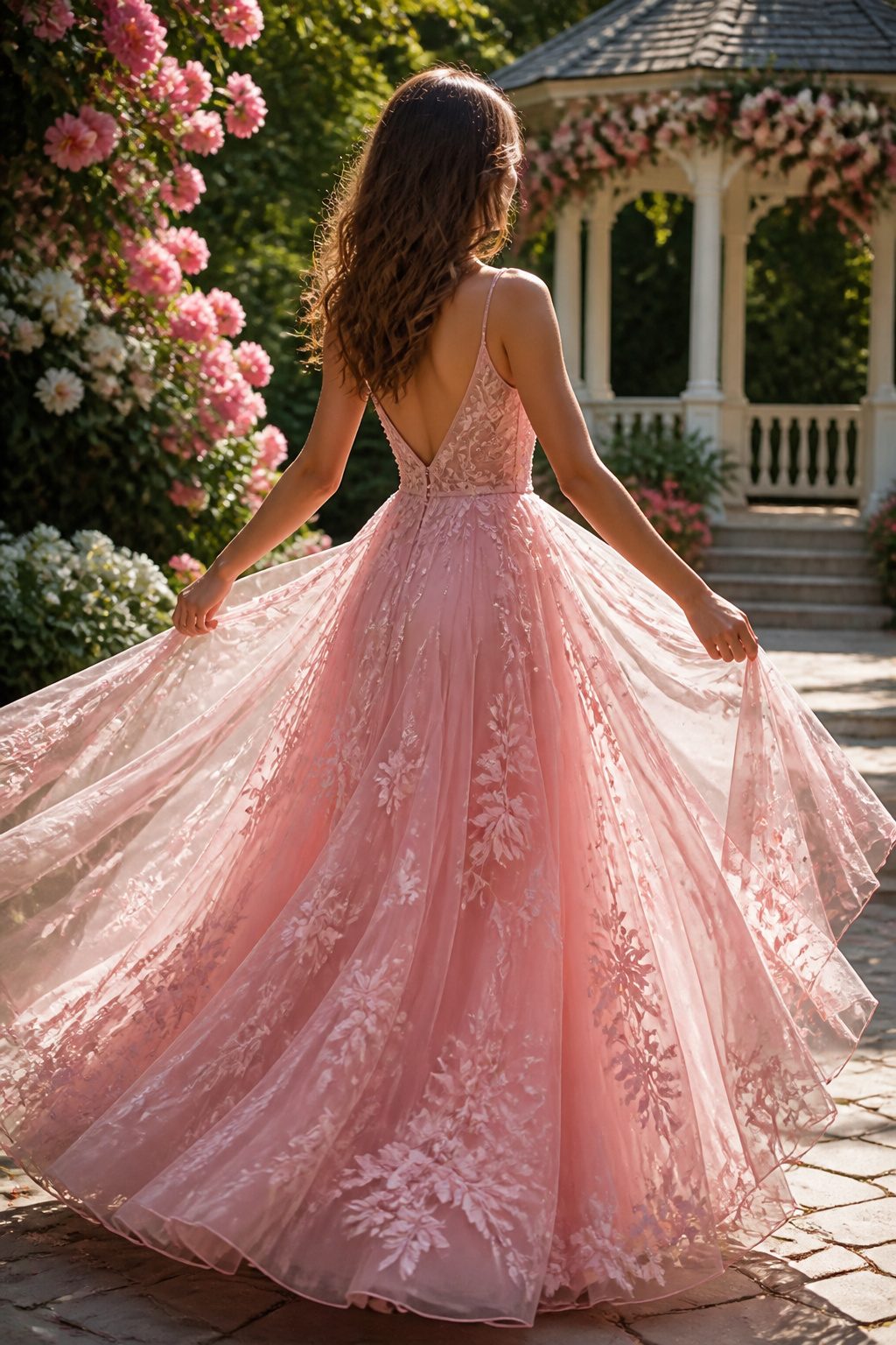 An A-line prom dress with a fitted bodice and flared skirt.