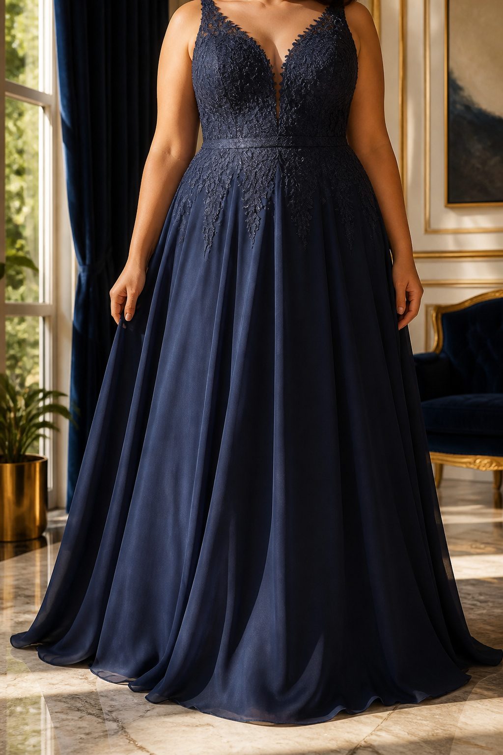 A plus size prom dress featuring an A-line silhouette.