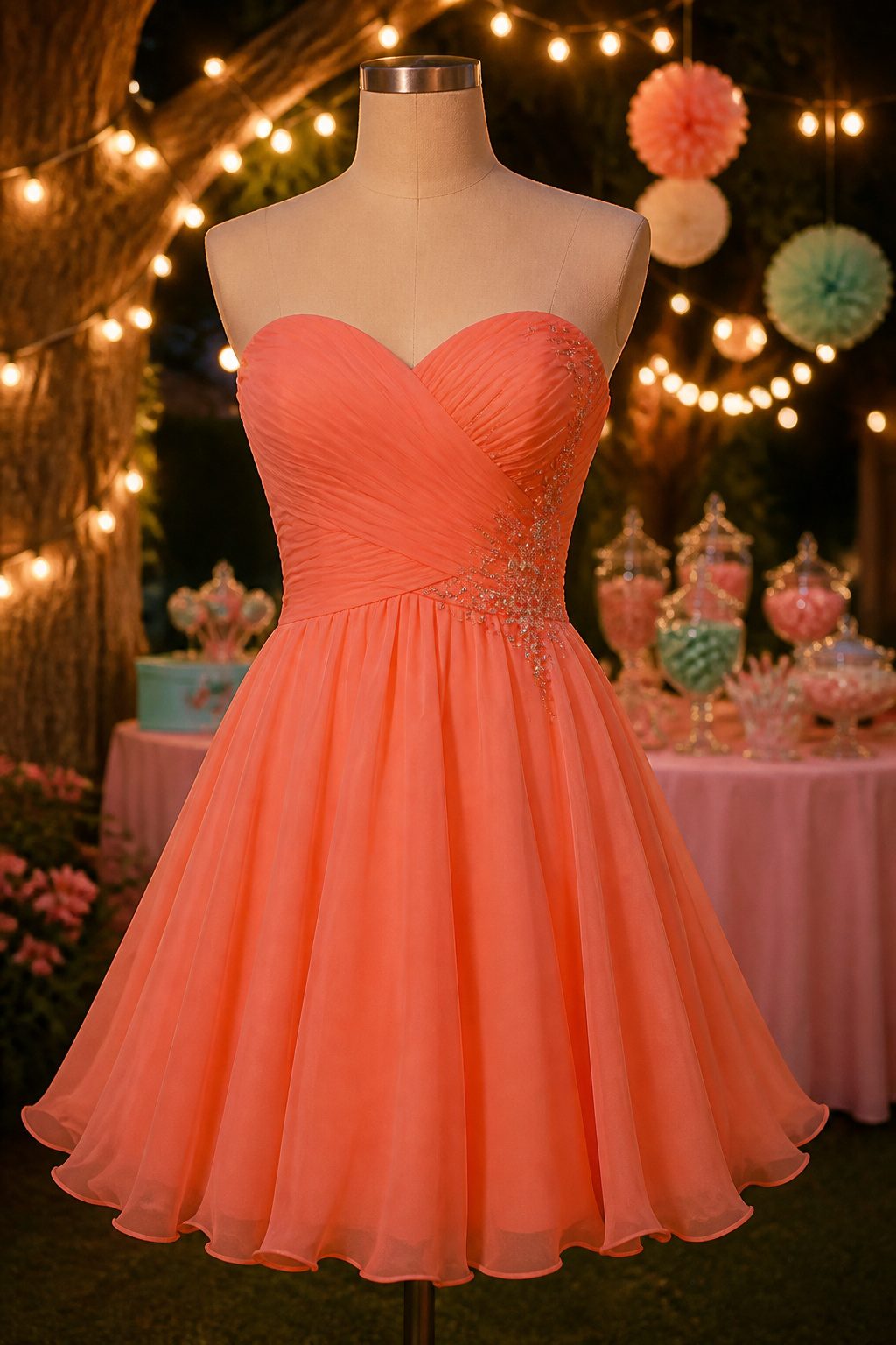 A short prom dress suitable for casual venues.