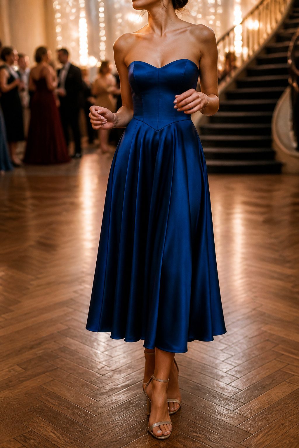 A strapless prom dress with a structured bodice and flowing skirt.