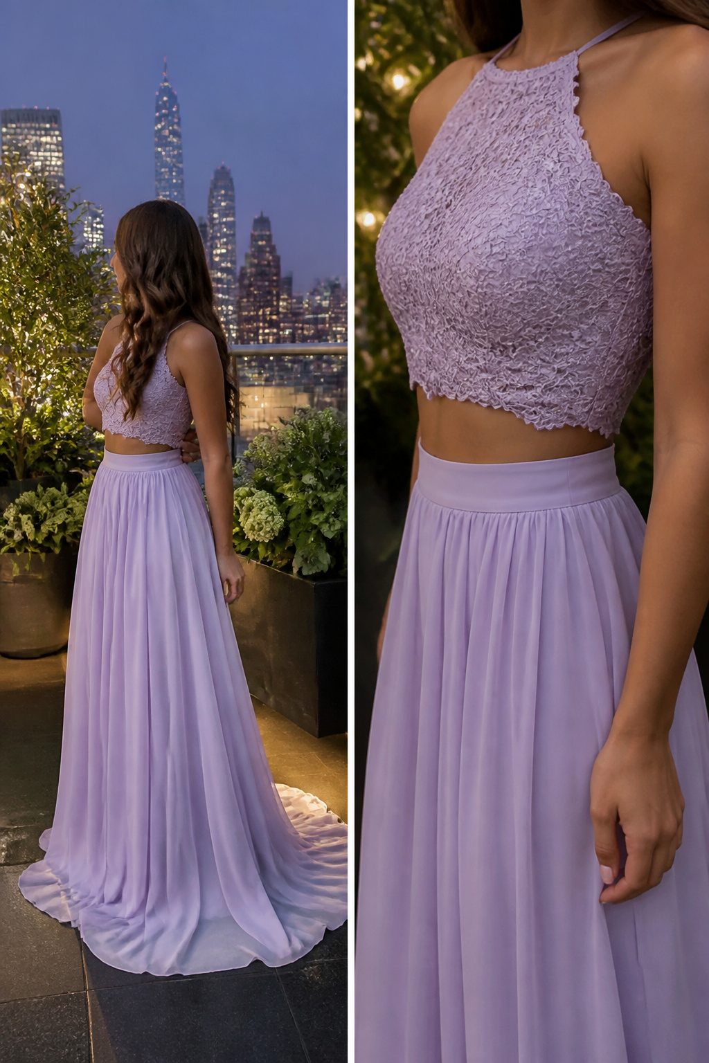 A two-piece prom dress with a separate top and skirt.