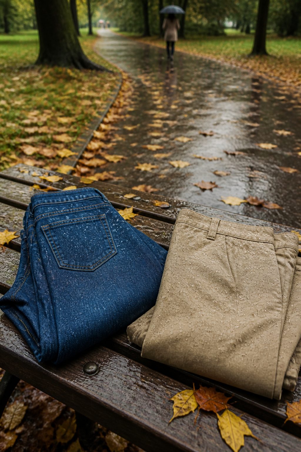 6 Rainy Day Outfit Ideas for Dry, Easy Style in 2026 5 Folded skinny jeans and cropped trousers on a rustic wooden bench.
