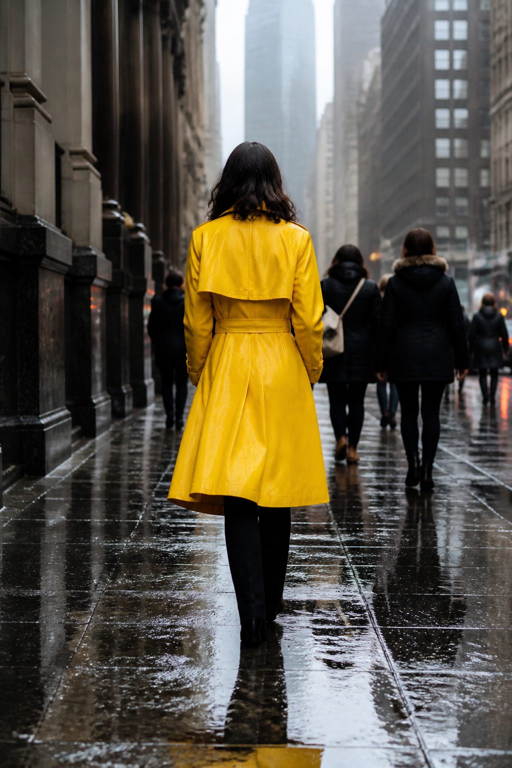 6 Rainy Day Outfit Ideas for Dry, Easy Style in 2026 10 A bright yellow coat worn over black trousers on a rainy street.