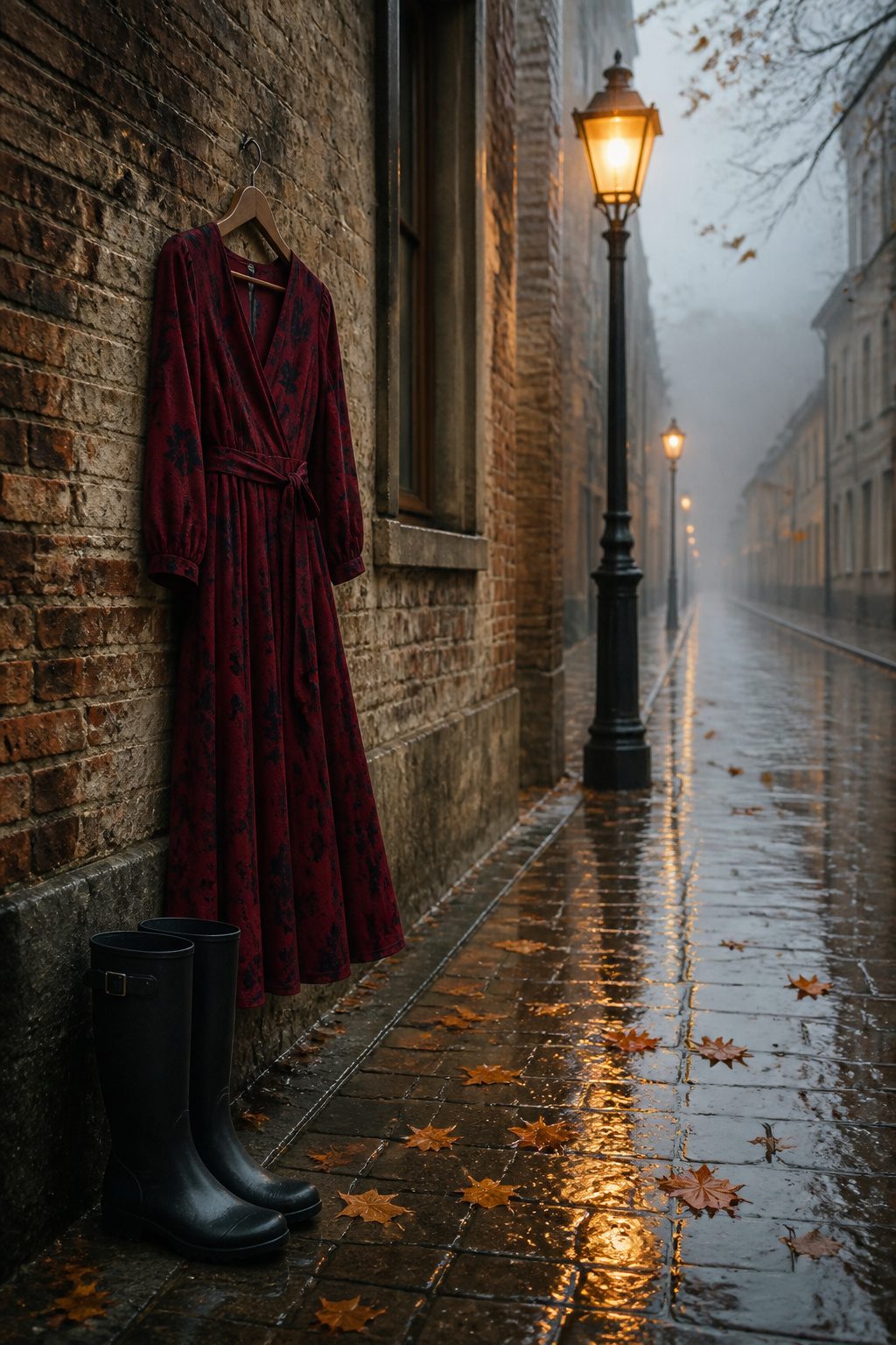 6 Rainy Day Outfit Ideas for Dry, Easy Style in 2026 6 A midi dress paired with knee-high waterproof boots displayed on a surface.