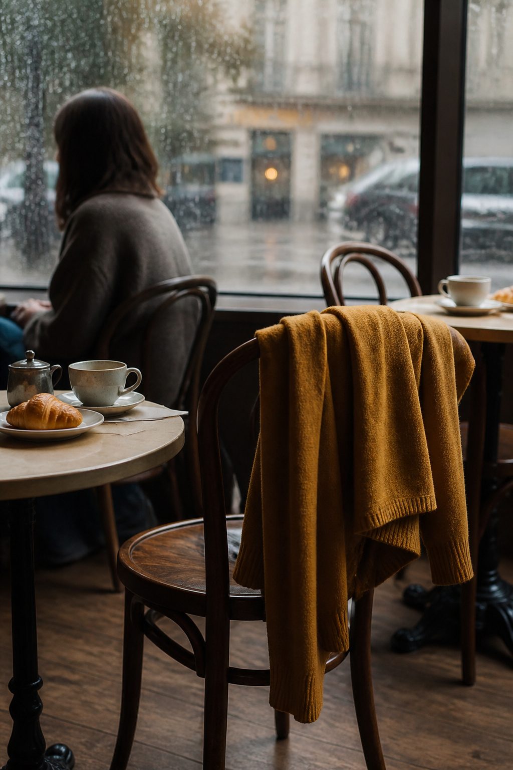 6 Rainy Day Outfit Ideas for Dry, Easy Style in 2026 3 A lightweight merino sweater draped over a café chair.