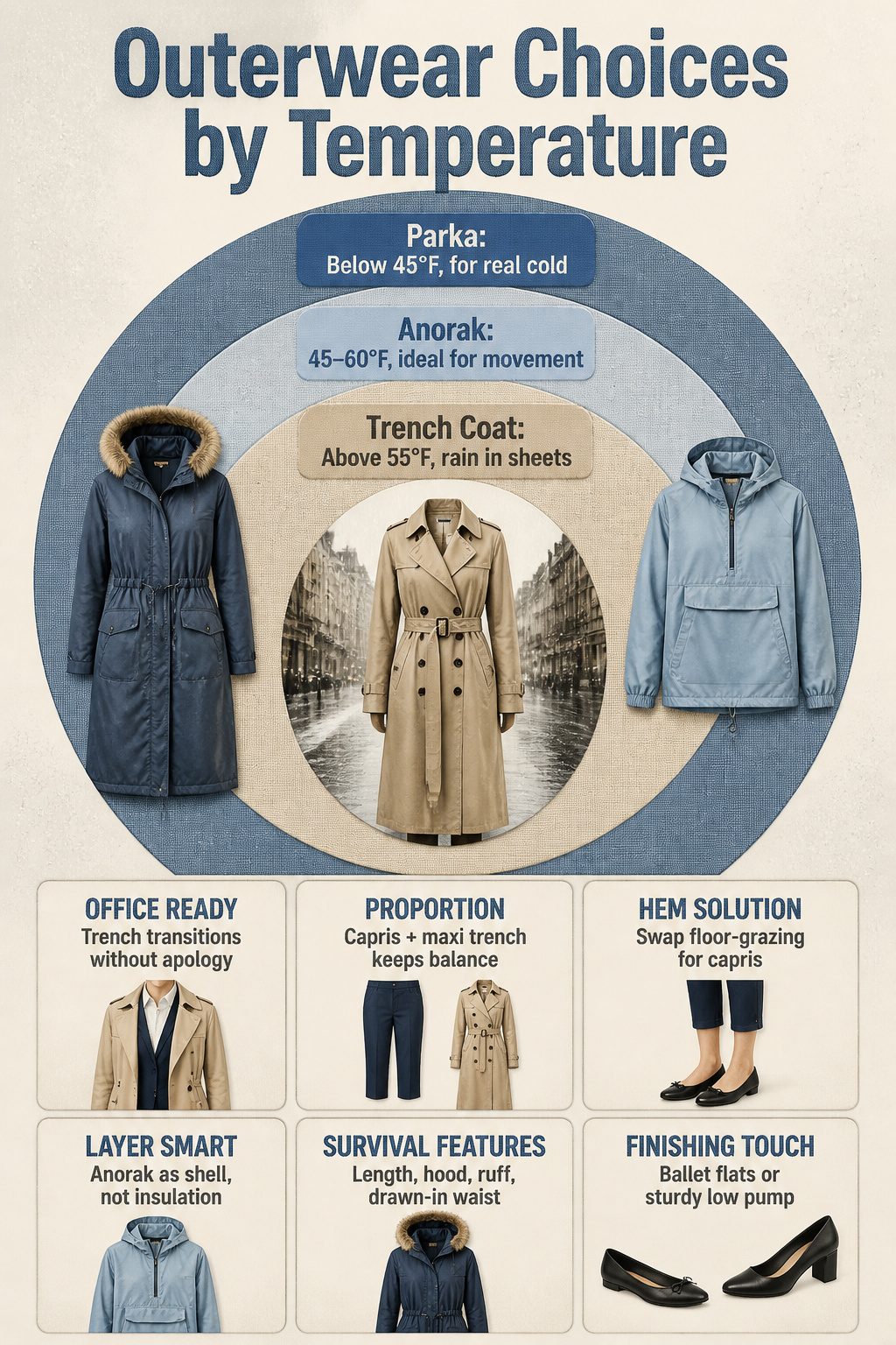 6 Rainy Day Outfit Ideas for Dry, Easy Style in 2026 8 A chart showing outerwear options based on temperature for rainy days.