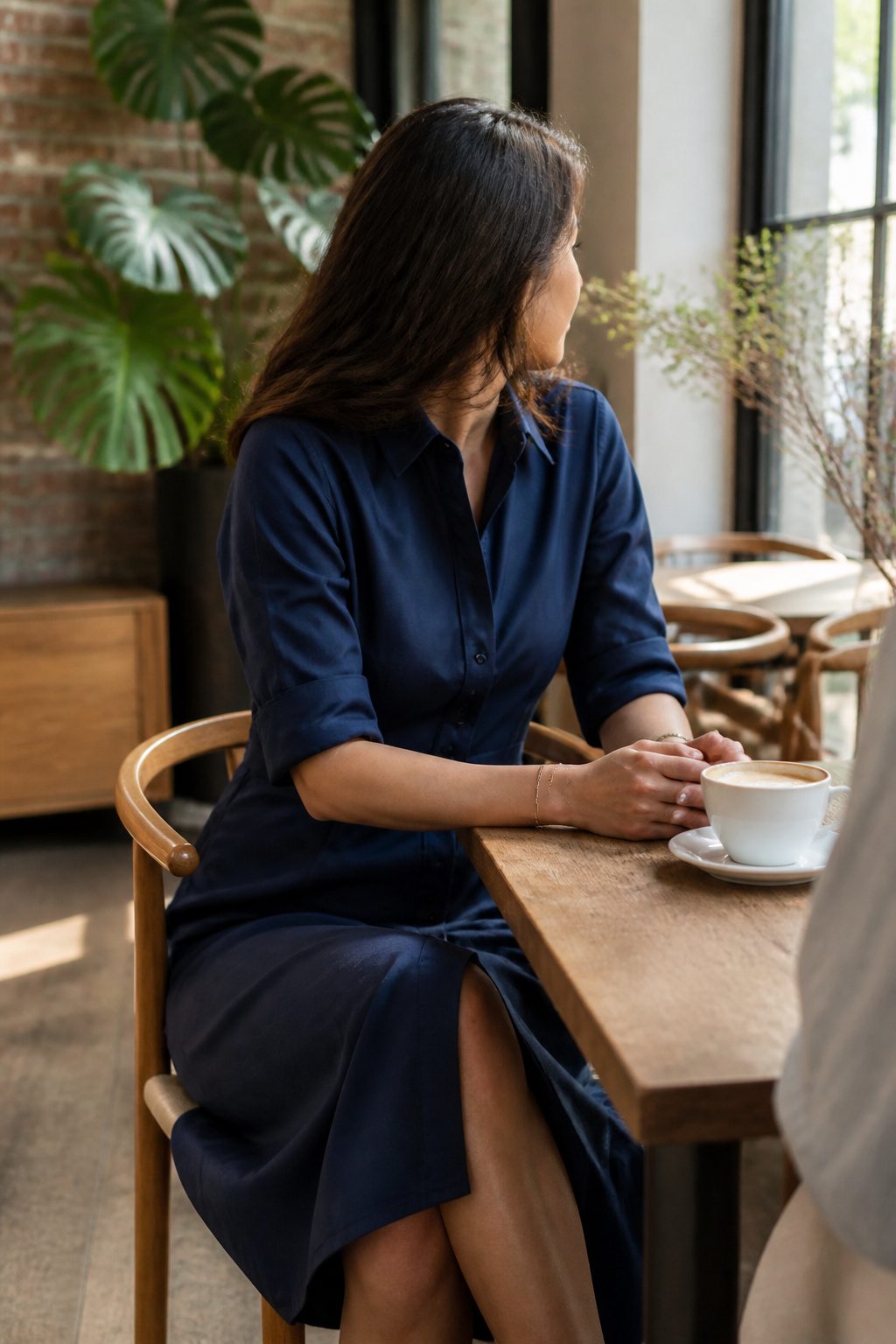 Spring Dresses: 10 Styles to Wear in 2026 3 A woman in a button-down shirt dress seated at a café table.