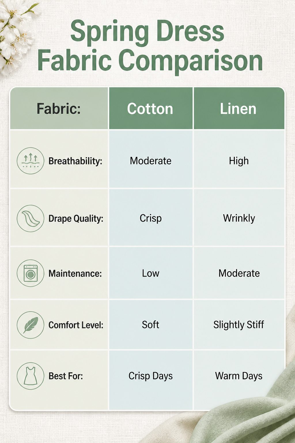 Spring Dresses: 10 Styles to Wear in 2026 11 An informational image comparing various spring dress fabrics.