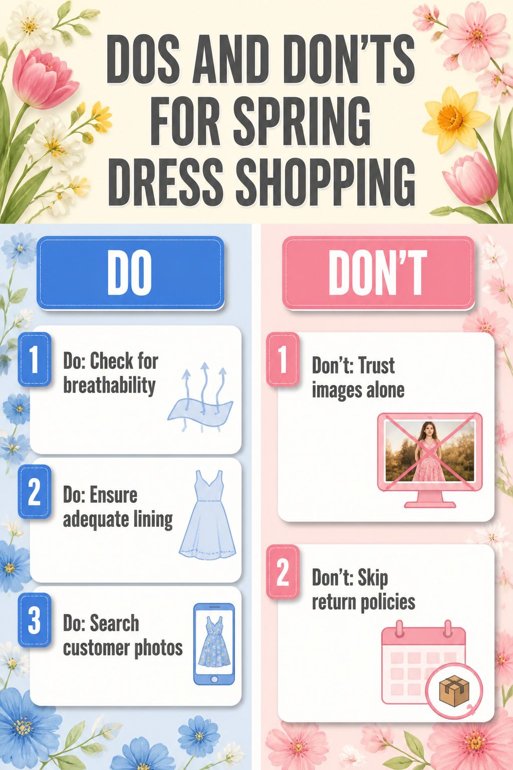Spring Dresses: 10 Styles to Wear in 2026 15 An informational graphic outlining shopping tips for spring dresses.