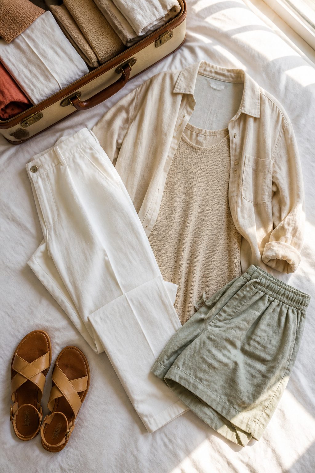 A collection of clothing items for a mix-and-match travel wardrobe.