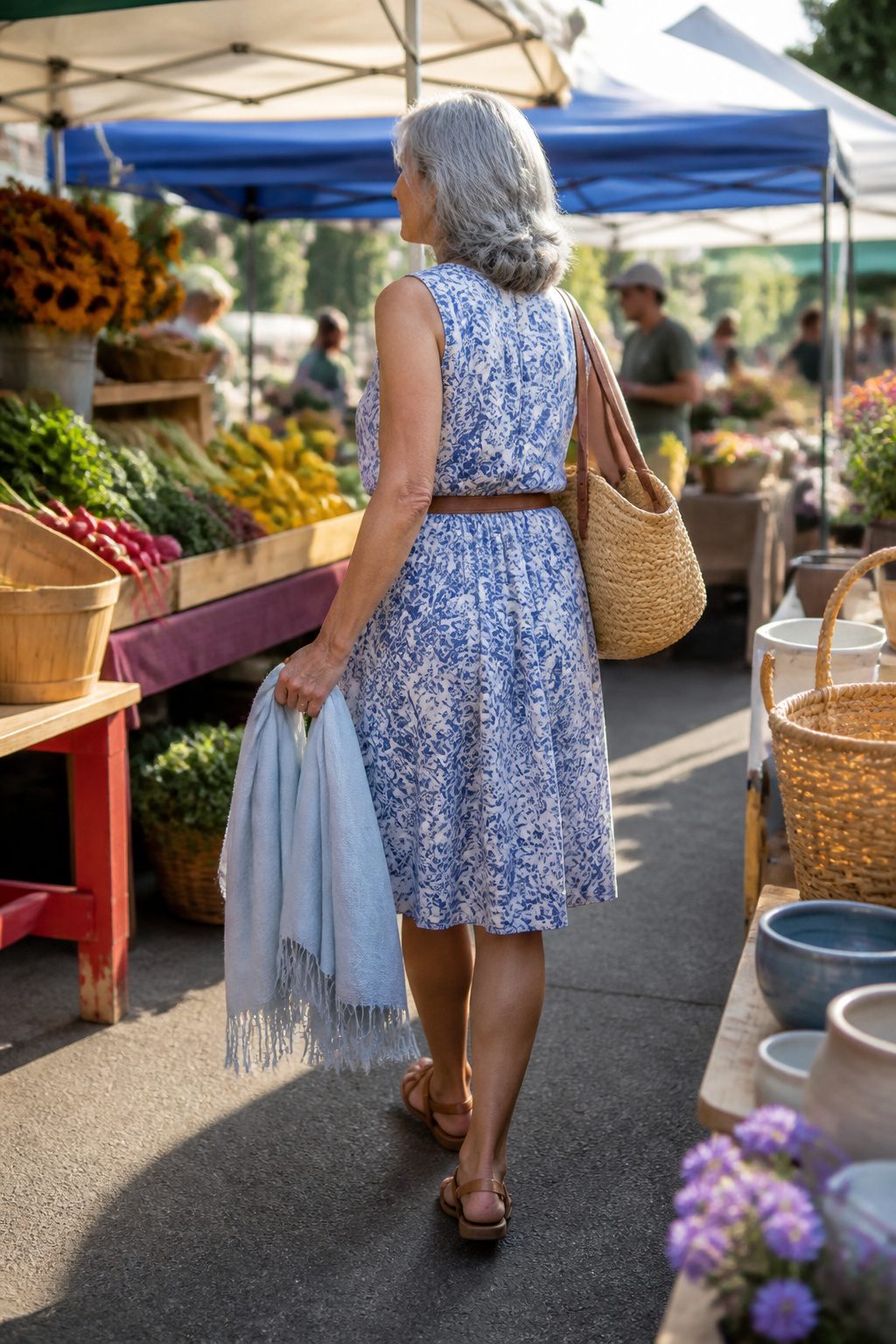 A woman in a knee-length casual day dress at a farmer's market.