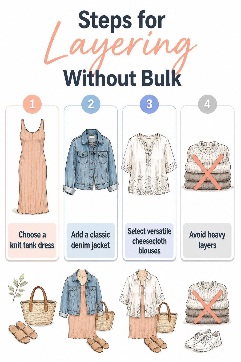 Steps for layering without bulk in summer outfits.