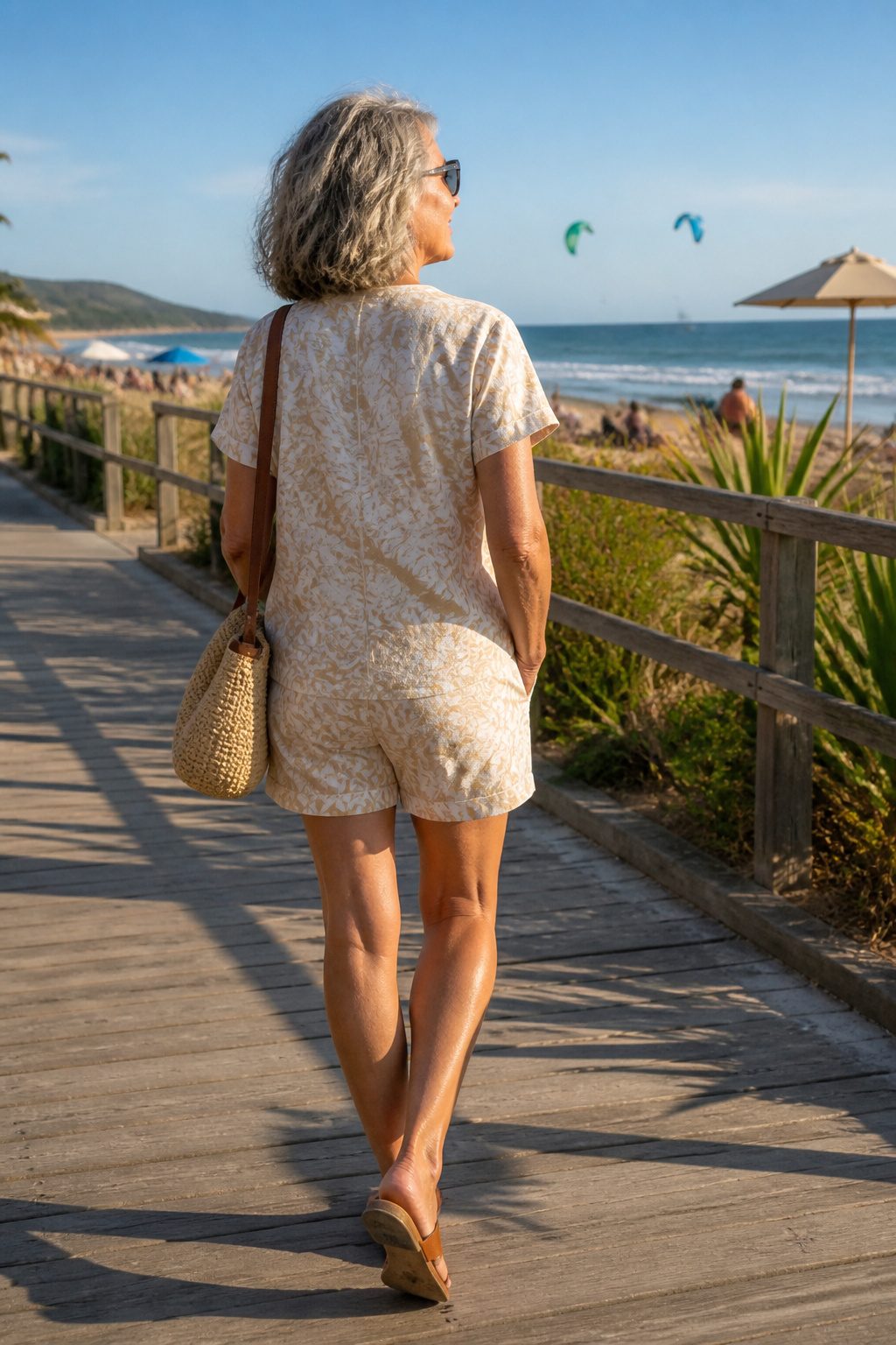 A woman in a matching cotton shorts and shirt set on a beach boardwalk.