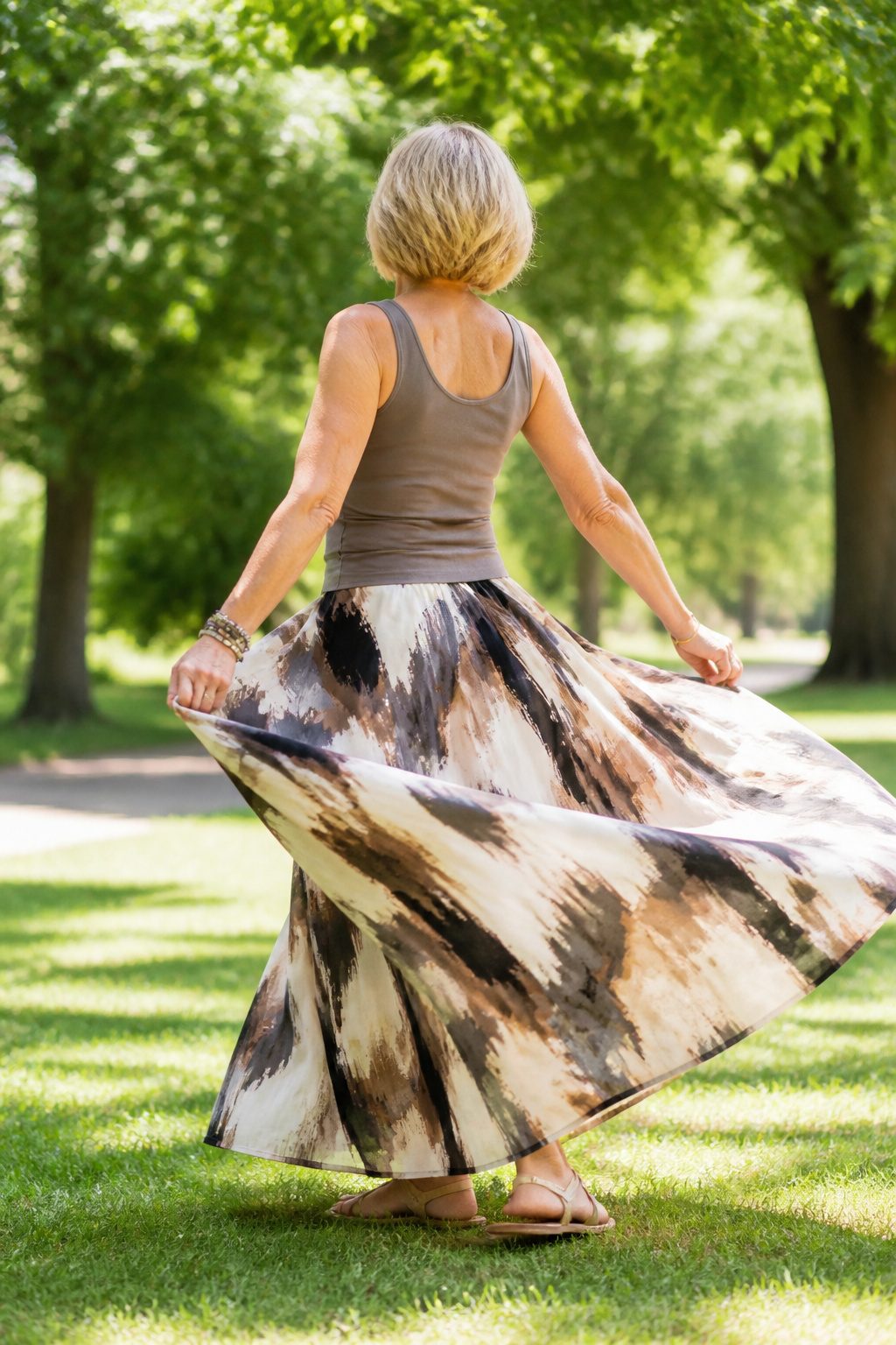A woman wearing a flowy maxi skirt and flat sandals.