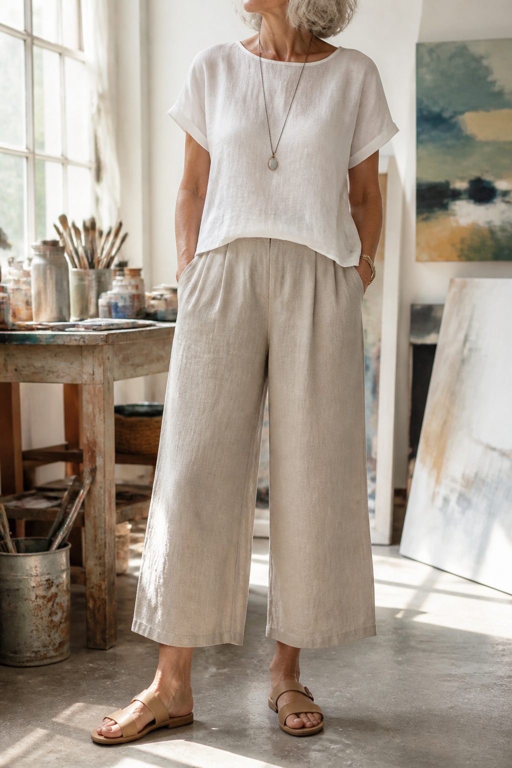 A woman wearing wide-leg cropped pants paired with a top.