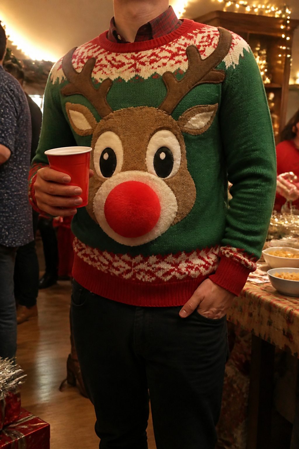 An ugly Christmas sweater with a protruding plush reindeer nose at a lively gathering.