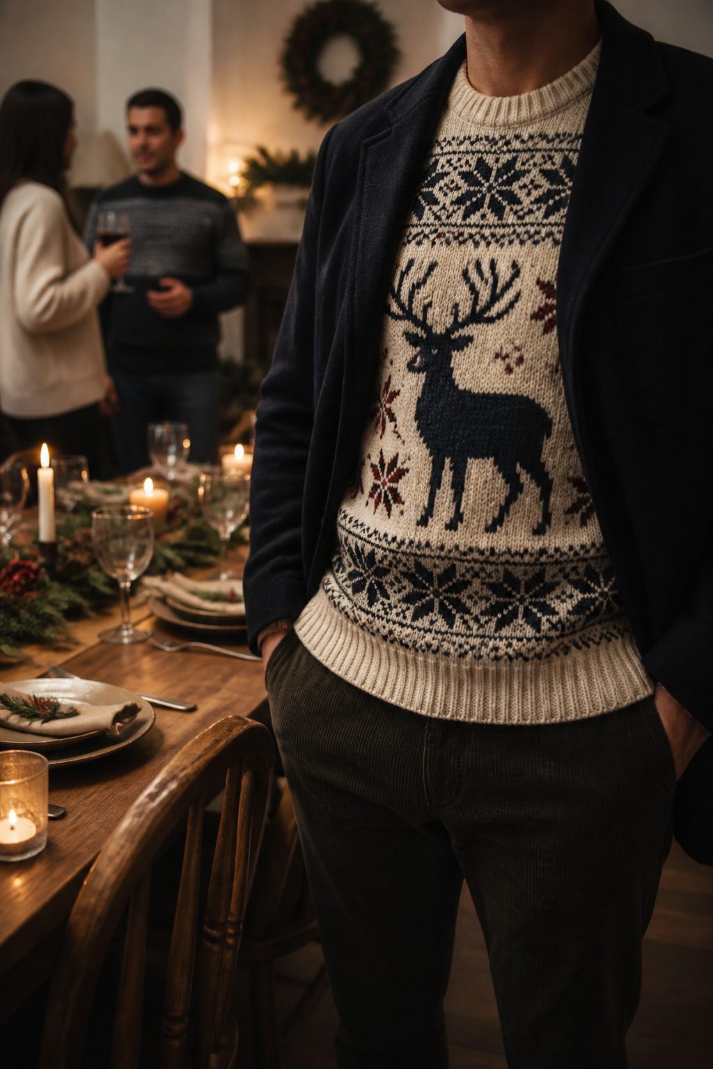 A beautifully knitted ugly Christmas sweater with a reindeer pattern on a dining table.