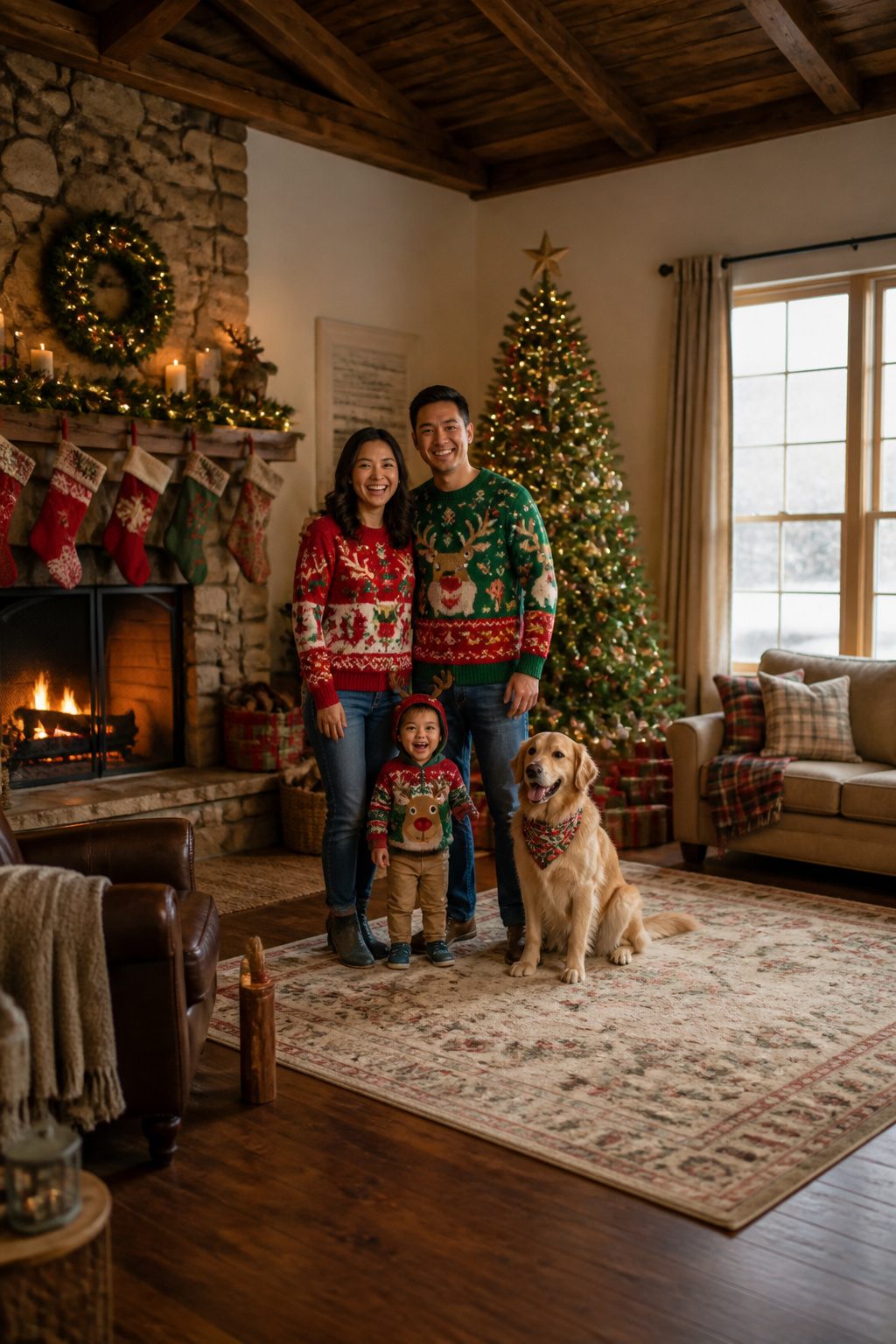 A set of coordinated family ugly Christmas sweaters displayed on different family members.