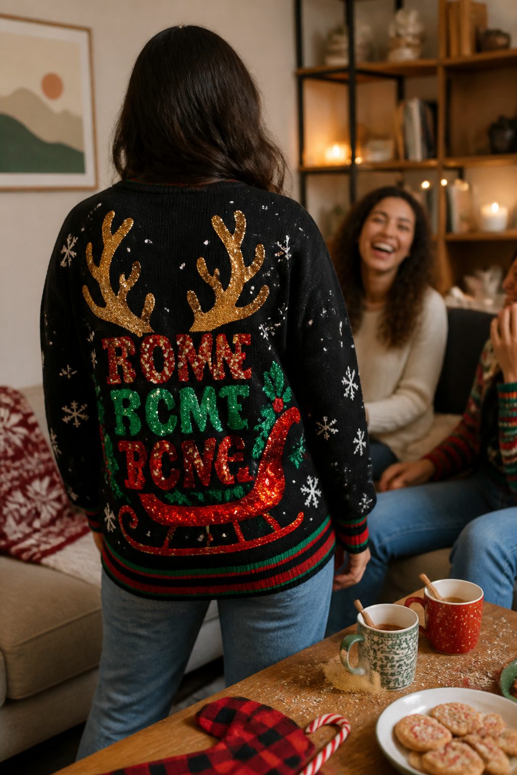 An ugly Christmas sweater featuring the phrase 'Sleigh My Name' in glittery text.
