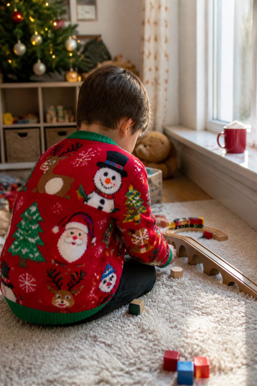 A child in a playful ugly Christmas sweater surrounded by festive decorations.