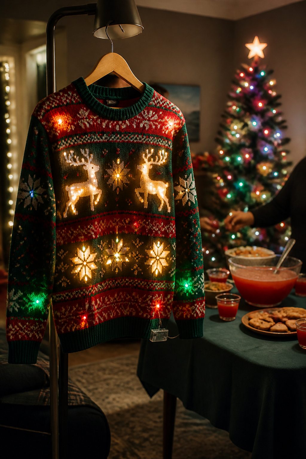A brightly lit ugly Christmas sweater with illuminated designs in a party setting.