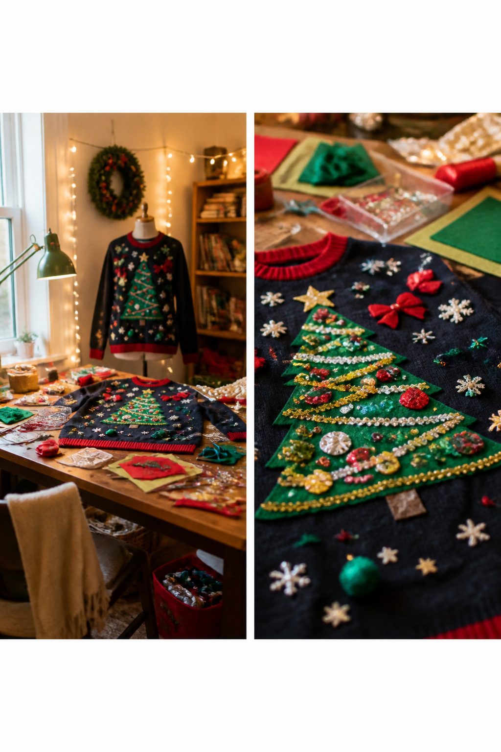 A DIY ugly Christmas sweater with hand-stitched decorations and elements.