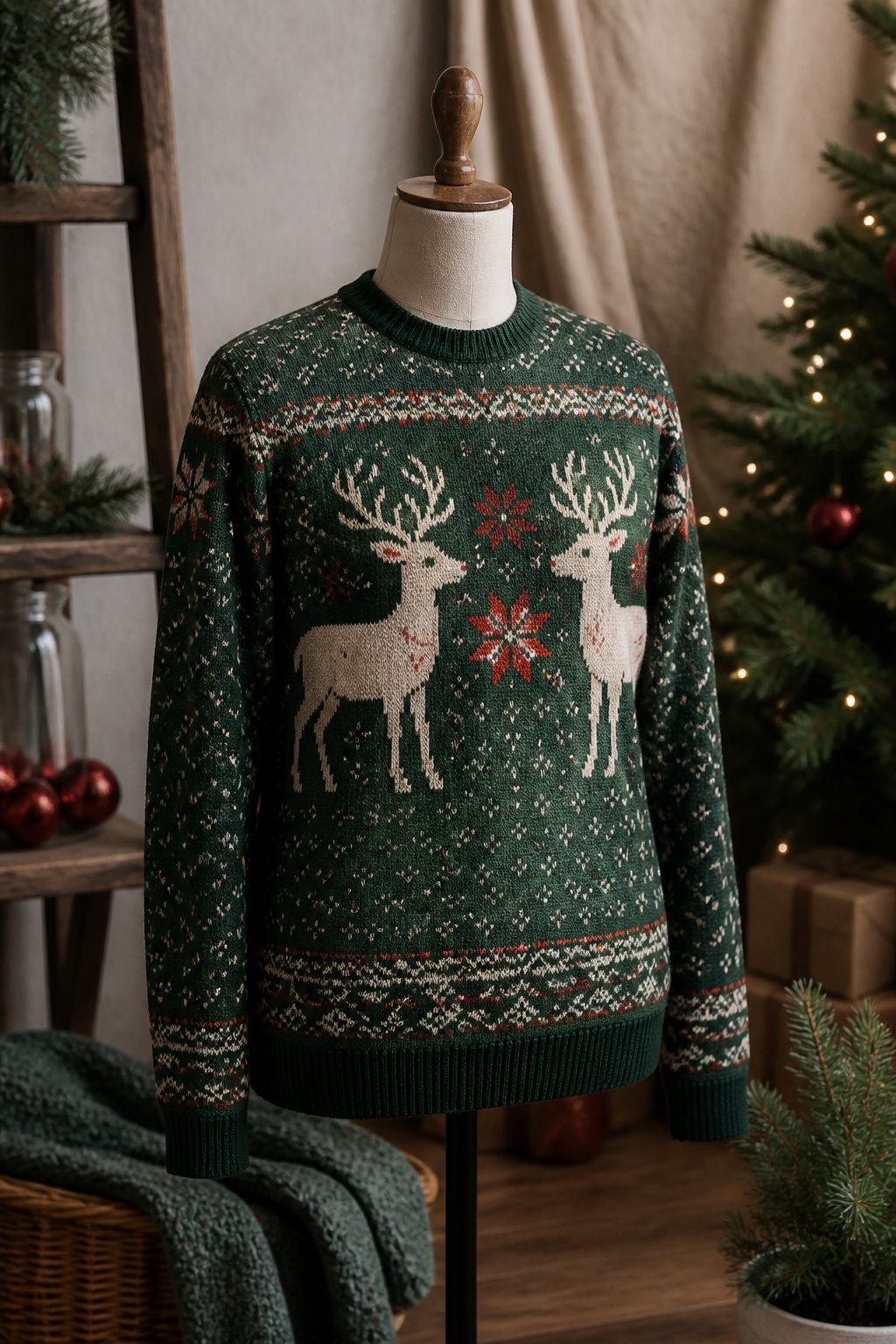 An elegant ugly Christmas sweater made of organic cotton on a mannequin with decorations.