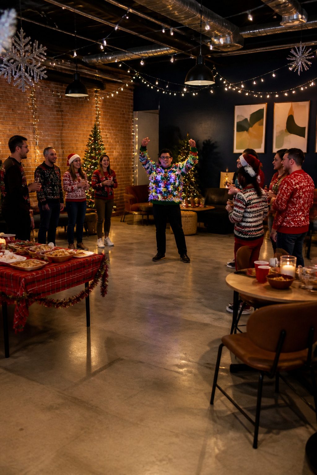 Participants showcase their ugly Christmas sweaters at a festive office contest.