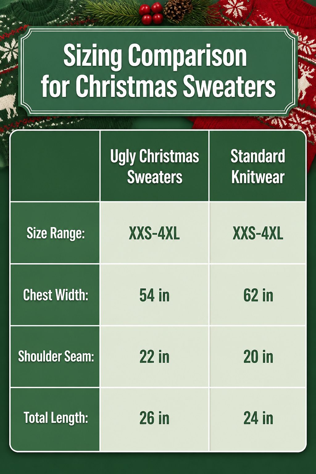 A sizing comparison chart for different ugly Christmas sweater sizes.