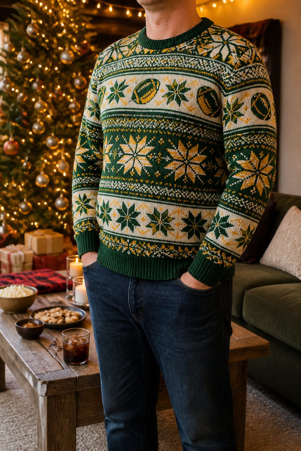 A green-and-gold ugly Christmas sweater with a Fair Isle design in a decorated living room.