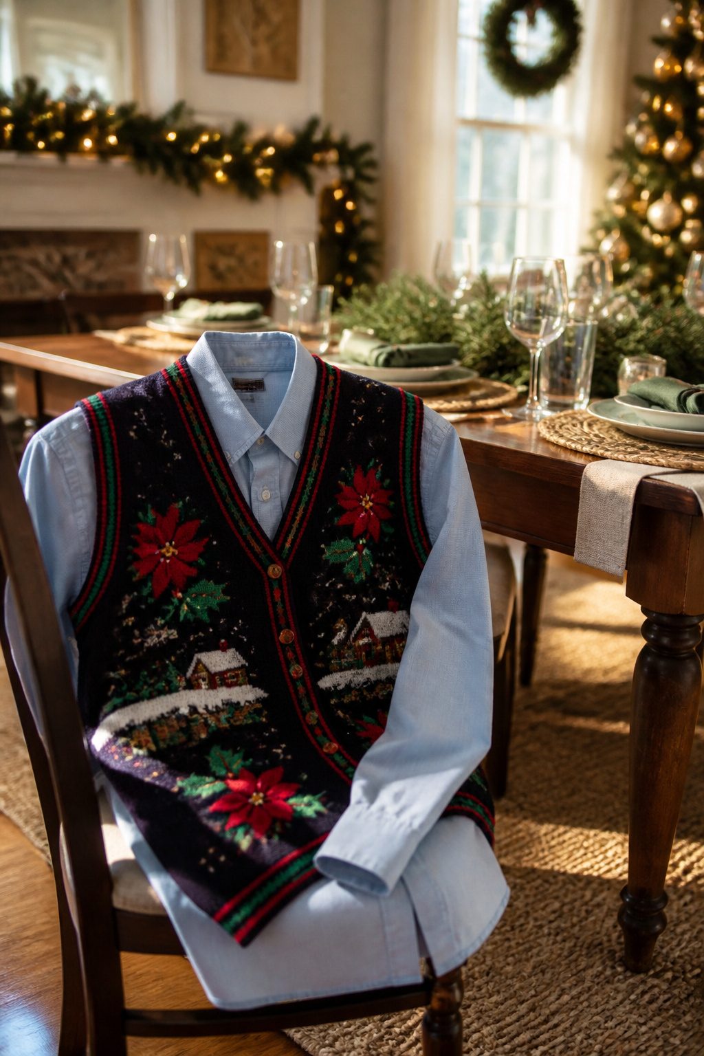 A stylish ugly Christmas sweater vest displayed over a button-down shirt in a dining room.