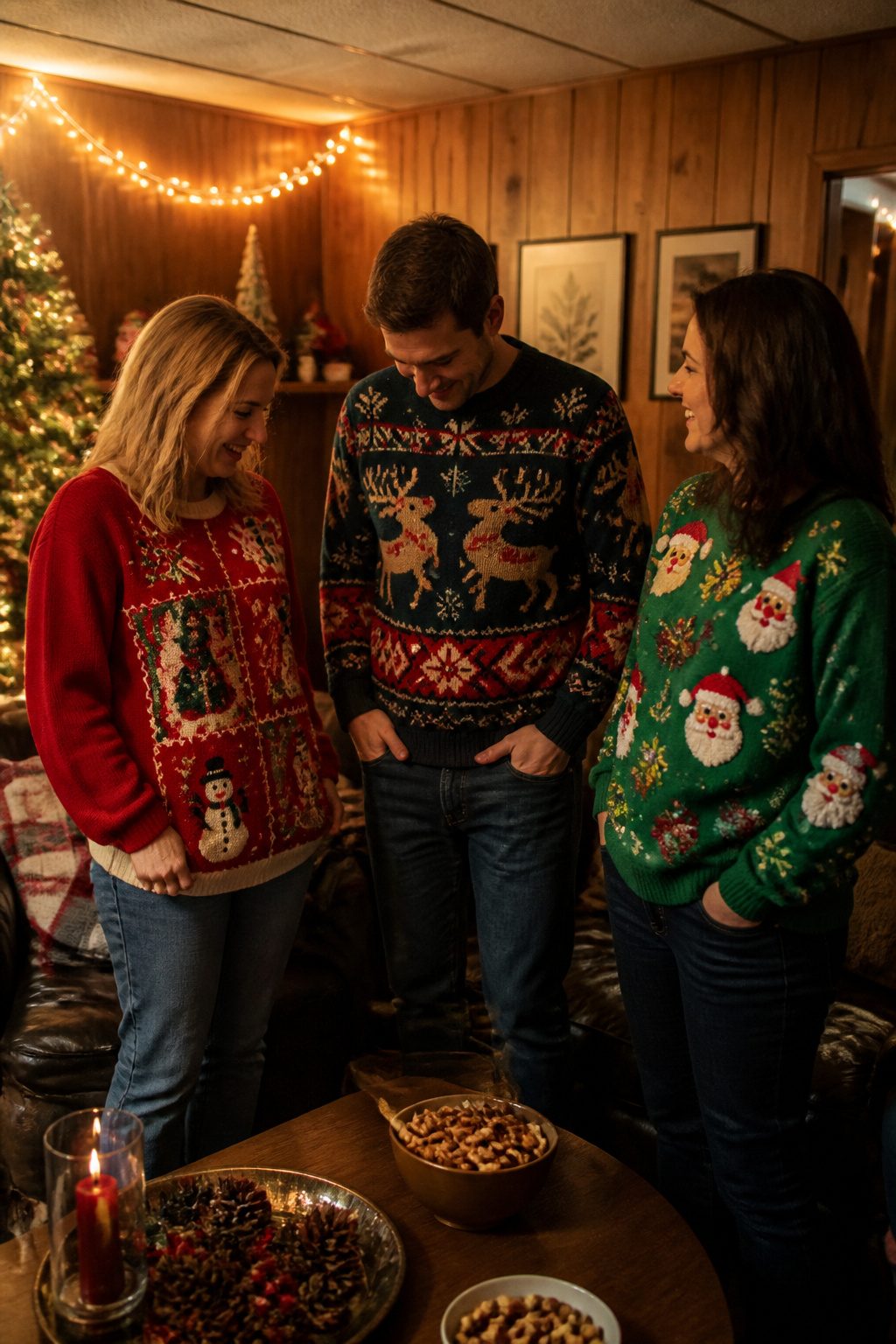A group of people wearing various ugly Christmas sweaters at a festive gathering.