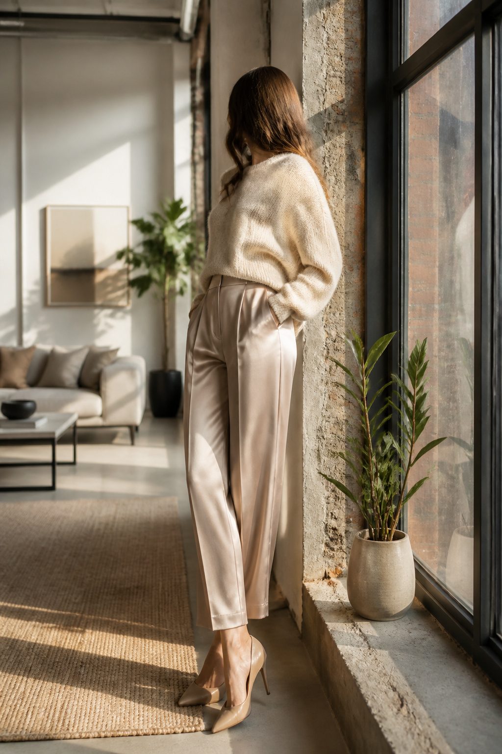27 Winter Outfit Ideas for Women: 2026 Style Guide 3 Woman wearing a cashmere sweater and satin trousers in a loft.