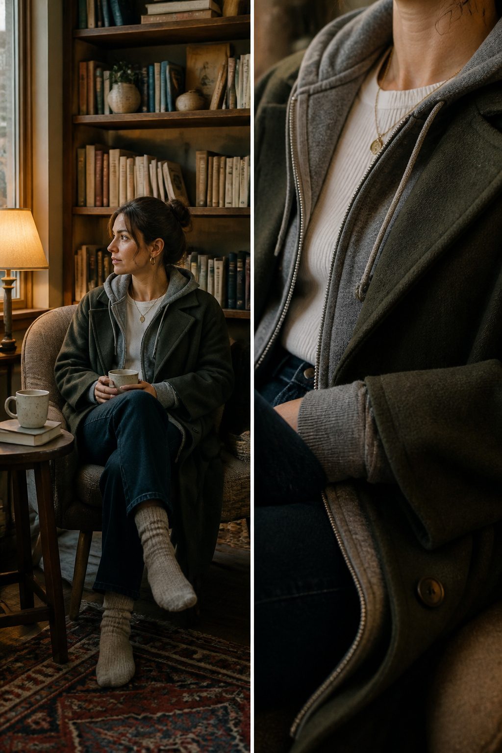 27 Winter Outfit Ideas for Women: 2026 Style Guide 10 Woman wearing layers of clothing including a hoodie and coat.