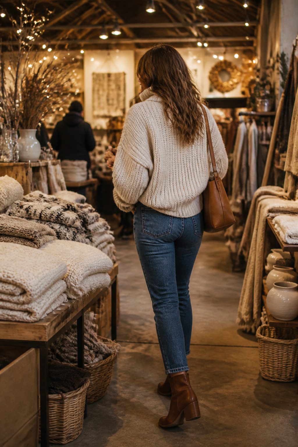 27 Winter Outfit Ideas for Women: 2026 Style Guide 27 Woman in a chunky turtleneck and high-rise jeans in a market.