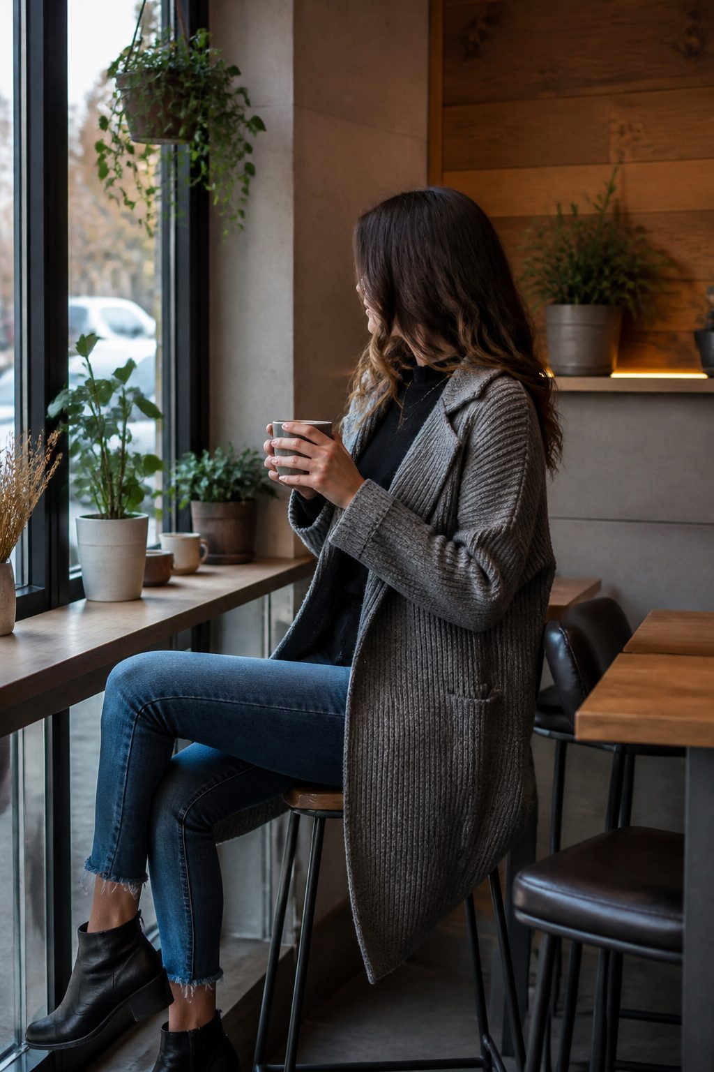 27 Winter Outfit Ideas for Women: 2026 Style Guide 25 Woman in a coatigan layered over a turtleneck at a café.