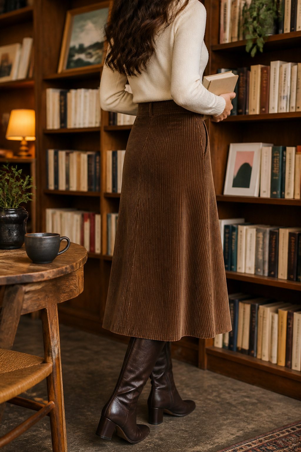 27 Winter Outfit Ideas for Women: 2026 Style Guide 17 Woman wearing a corduroy skirt in a cozy bookstore.