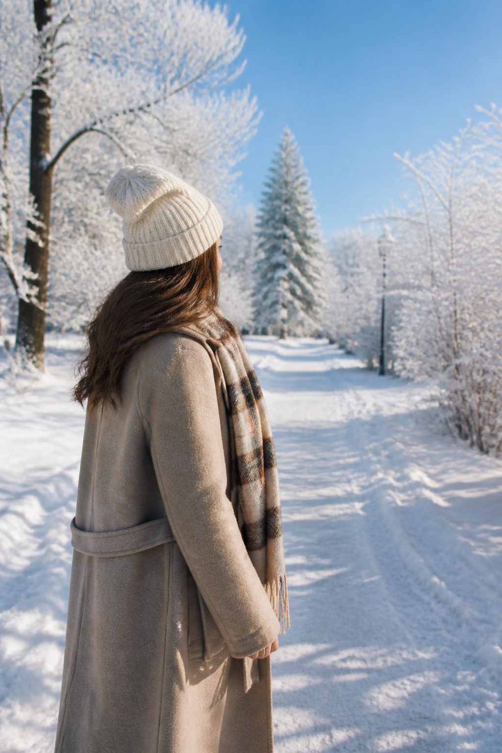 27 Winter Outfit Ideas for Women: 2026 Style Guide 16 Woman in a beanie and wool coat enjoying a winter day.