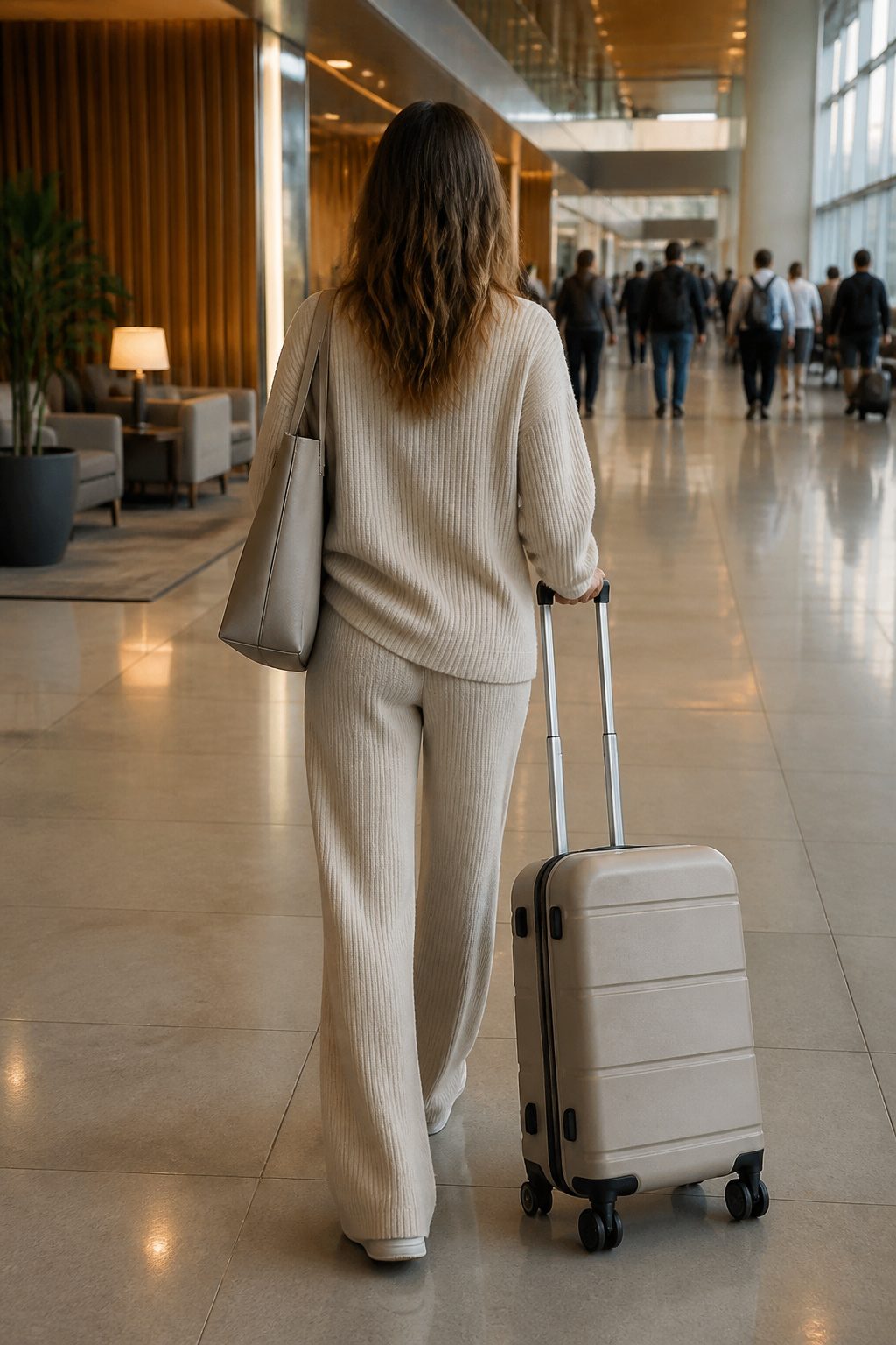 27 Winter Outfit Ideas for Women: 2026 Style Guide 7 Woman wearing a matching knit set in an airport terminal.